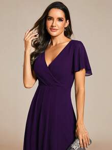 EVERPRETTY Elegant Chiffon V-Neck Ruched Purple Bridesmaid Dress, Soft High-Low Ruched Hem, Suitable For Wedding Ceremony And Formal Evening Occasions - Purple - View 5