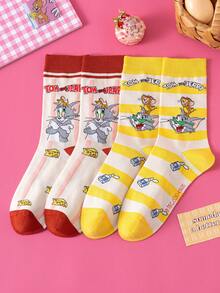 Noctvar OBM Sleepwear X TOM & JERRY 2双猫鼠图案女士中筒袜，可爱卡通爱心设计，趣味老鼠时尚夏季男士袜子，透气休闲船袜，卡通图案，适合学生/成人作为礼物和日常穿着，情侣款 - 彩色 - 查看 12