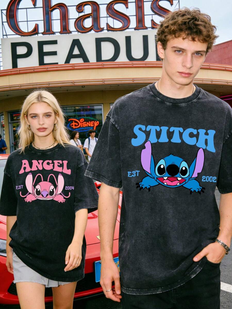 Disney Stitch And Angel Est Year Couple Vintage Washed T-Shirts 180g Washed Cotton Mickey And Minnie Flower Bouquet Loose Short-Sleeved Couple's Outfit - 黑色 - 查看 1