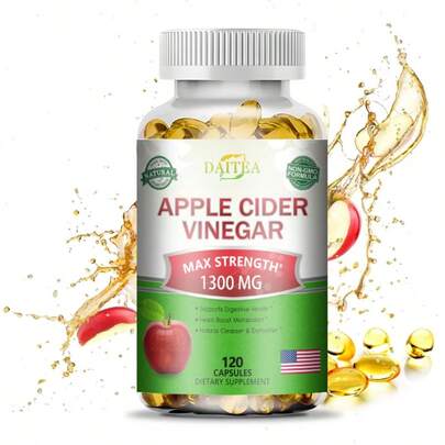 Suplemento de extracto de vinagre de sidra de manzana: aumenta los niveles de energía y la salud digestiva. Natural y sin OMG. 120 cápsulas.