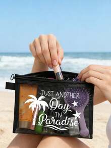 热带天堂图案网眼化妆包，透明化妆袋，可收纳口红和粉扑，便携式洗漱旅行收纳包，护肤品和珠宝首饰收纳袋，邮轮、宿舍和日常旅行必备，伴娘、妈妈、生日和教师礼物 - 彩色 - 查看 5