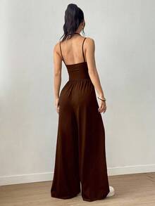 Women's Pleated Jumpsuit, Straight Leg, Loose Fit, Casual, Sleeveless, Summer - Brown - View 3