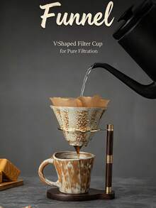 Wooden Hand Drip Coffee Filter Holder With Handle, Heat-Resistant Base, Essential For Coffee Lovers - Rust Brown - View 1