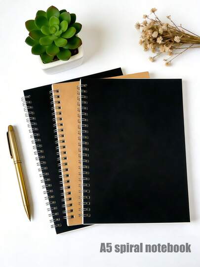 A5 Spiral Notebook, Grid Lined Pages, Suitable For Office, Business, School, Classroom Supplies, Year-End Gifts (Black/Kraft Paper Cover Options), One Size, Random Cover Delivery. Also Suitable For School Supplies, Back To School Season.