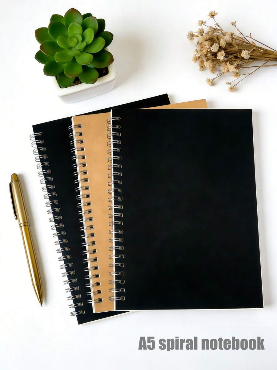 Quaderno a spirale A5, pagine con griglia, adatto per ufficio, lavoro, scuola, forniture per l'aula, regali di fine anno (opzioni di copertina nera/carta kraft), una taglia, consegna casuale della copertina. Adatto anche per forniture scolastiche, stagione back to school.