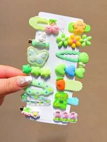 14件套女士时尚发夹套装，绿色，甜美可爱的泰迪熊和兔子卡通图案，款式多样，适合日常佩戴，女士发饰，推荐礼品，爪夹，发夹，发卡，发夹，发卡，发夹，发卡 - 綠色 - 查看 5