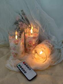 3pcs Set: LED Flameless Candle Lights With Remote Control/Timer, Type-C Charging Cable, Printed Wax Cup Candles, Suitable For Desktop Decor, Gifts For Christmas, Halloween, Valentine's Day, Mother's Day, Birthday, Proposal, Wedding, Dining Table, Party, Holiday Atmosphere Decoration - Rose Style - View 3