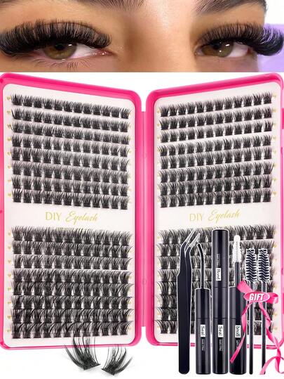 384pcs Independent False Eyelashes & Glue Kit, Cluster Lashes, DIY Home False Lashes, D-Curl Fluffy Lash Set With Lash Tutorial For Beginners, Thick & Layered Segmented False Lashes For Home, Travel, Daily, Party, Wedding