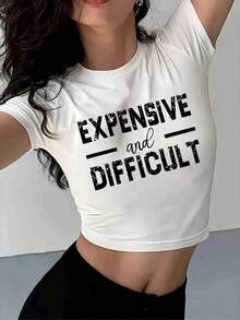 Women's "Expensive And Difficult" Graphic Crop Top - Short Sleeve Crew Neck Cropped T-Shirt, Soft Stretch Casual Streetwear Statement Top - 白色 - 查看 1