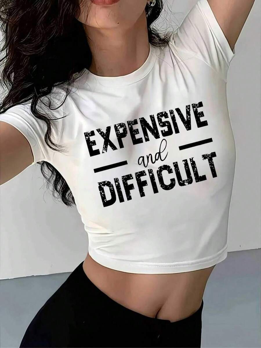 Women's "Expensive And Difficult" Graphic Crop Top - Short Sleeve Crew Neck Cropped T-Shirt, Soft Stretch Casual Streetwear Statement Top - 白色 - 查看 1