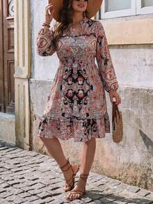 Women's Bohemian Style Mid-Length Printed Maxi Dress, Vintage Long Sleeve V-Neck Ruffle Hem Dress, Elastic Waist Design, Lightweight Flowy Casual Dress, Suitable For Spring And Autumn, Weekend Outings, Brunch Dates, Boho-Themed Events - Multicolor - View 1