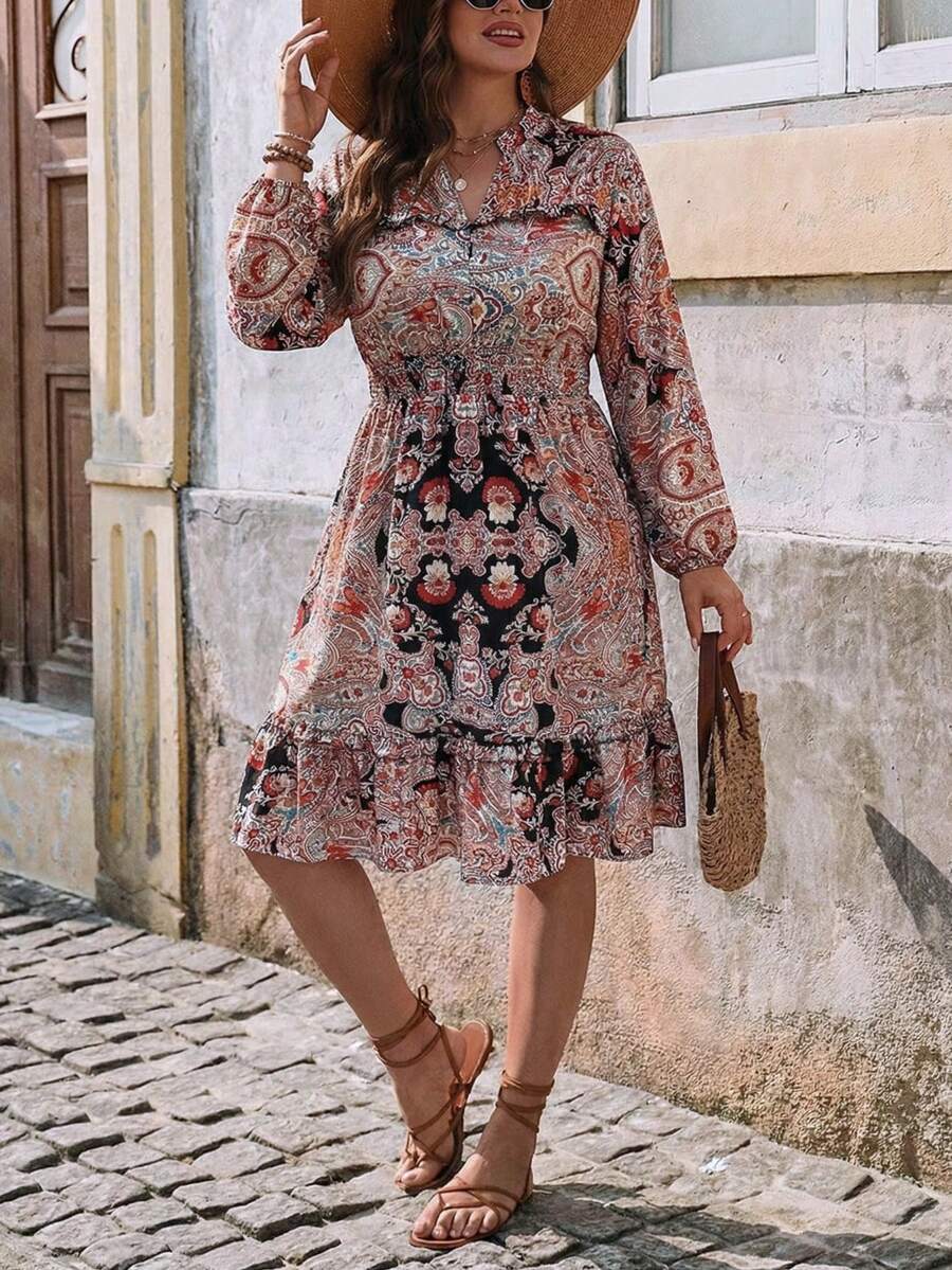 Women's Bohemian Style Mid-Length Printed Maxi Dress, Vintage Long Sleeve V-Neck Ruffle Hem Dress, Elastic Waist Design, Lightweight Flowy Casual Dress, Suitable For Spring And Autumn, Weekend Outings, Brunch Dates, Boho-Themed Events - Multicolor - View 1
