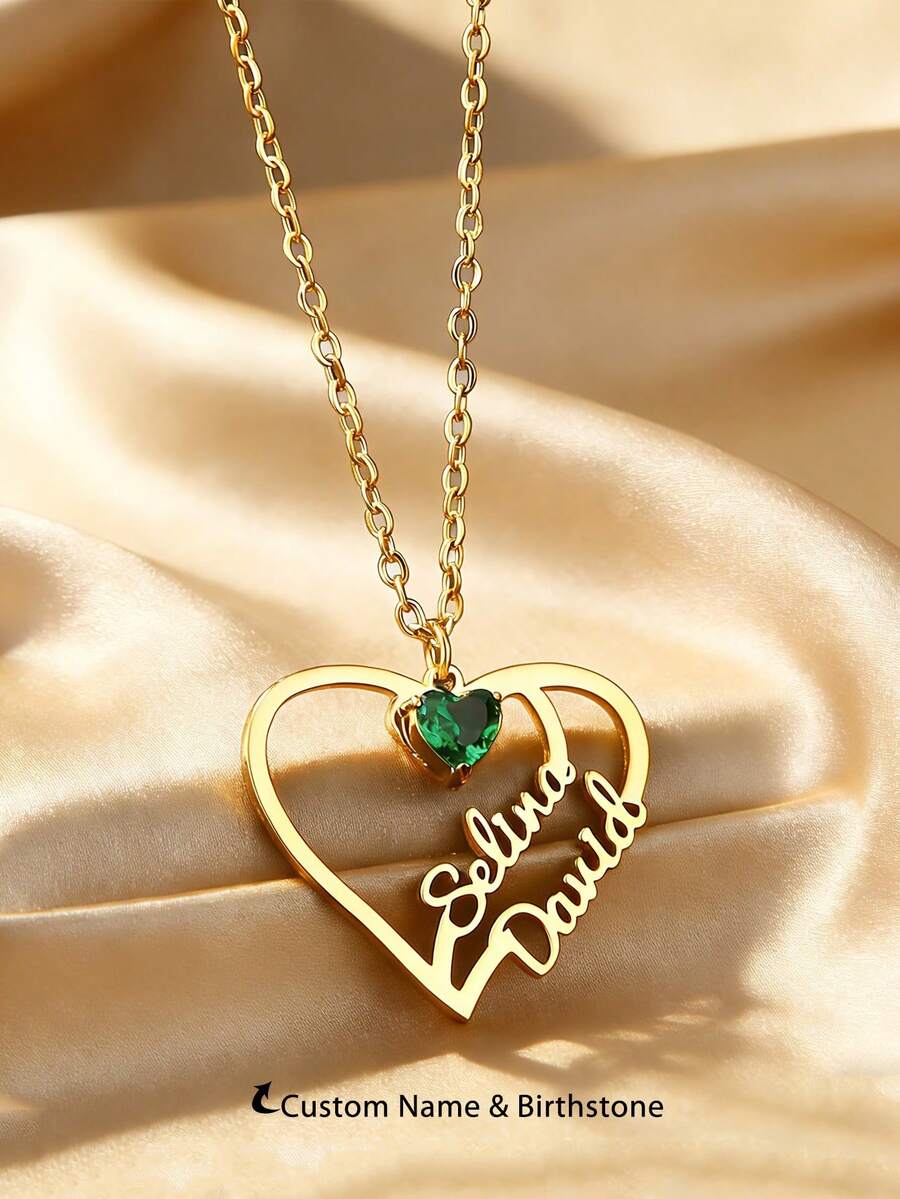 Customized Birthstone & Two Names Women's 18K Gold Plated Stainless Steel Necklace With Heart-Shaped Pendant, Personalized Jewelry Gift For Valentine's Day, Everyday & Party Wear - Multicolor - View 1
