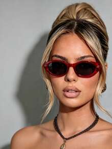 一副红色小框猫眼不对称复古时尚眼镜，男女通用，适合驾驶、度假、街头摄影、时尚穿搭 - 紅色 - 查看 3