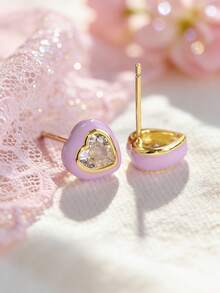 Artepollo 1 Pair Cute Purple Heart Stud Earrings, Inlaid With Sparkling Zirconia, Suitable For Parties, Banquets, Birthdays, Vacations And Daily Wear, Great Gift For Friends And Family - one-size - View 5
