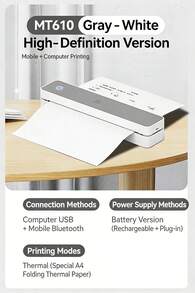 HPRT MT610 Portable Wireless Printer: Mini Bluetooth Wireless Printer For A4 Thermal Paper Printing, Compatible With IOS, Android, And Laptops, Inkless Black And White Printing For Students, Homes, And Offices. - Off-white - View 5