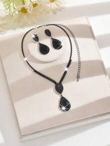 Elegant Teardrop Bridal Jewelry Set, Women's Crystal Pendant Necklace And Earrings, Wedding Bride Jewelry Set, Suitable For Anniversary, Valentine's Day, Holiday Gifts, Birthday Presents - 1526 Black - HB - View 3