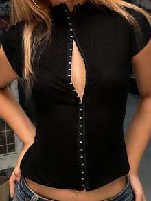 Y2K Front Button-Down Slim T-Shirt Women's Solid Short-Sleeve Tees Going Out Clothes Casual Aesthetic Crop Top Summer Black - Black - View 2