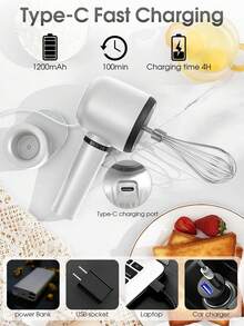 Handheld Electric Cream Mixer, Portable Powerful Egg Beater For Home Use, Mini Stainless Steel Electric Hand Mixer For Whipping Cream, Cake Batter, Coffee, Milk Tea, Suitable For Whipping Cream, Cake, Batter Mixing, Easy To Clean, Multi-Purpose Kitchen Tool - White - View 6