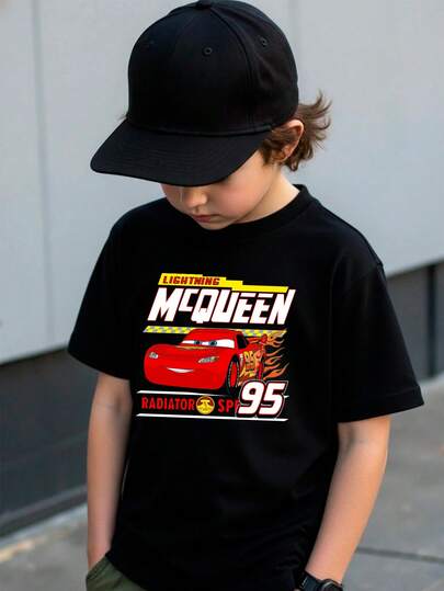  Camiseta para niños de 4 a 12 años de 100% algodón, cuello redondo y manga corta, excelente calidad, cómoda y suave al tacto, con estampado Original de DISNEY con diseño de "Cars La película" Rayo Mcqueen, coche Deportivo Rojo caricatura