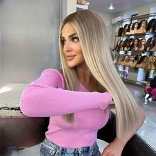 13x4 超高清透明蕾丝前假发，月光雾灰金渐变棕色，100% 真人发，180% 密度，即插即用，无需胶水，长直发，深色发根，灰金棕色，22 英寸 - SP27/613 - 查看 3