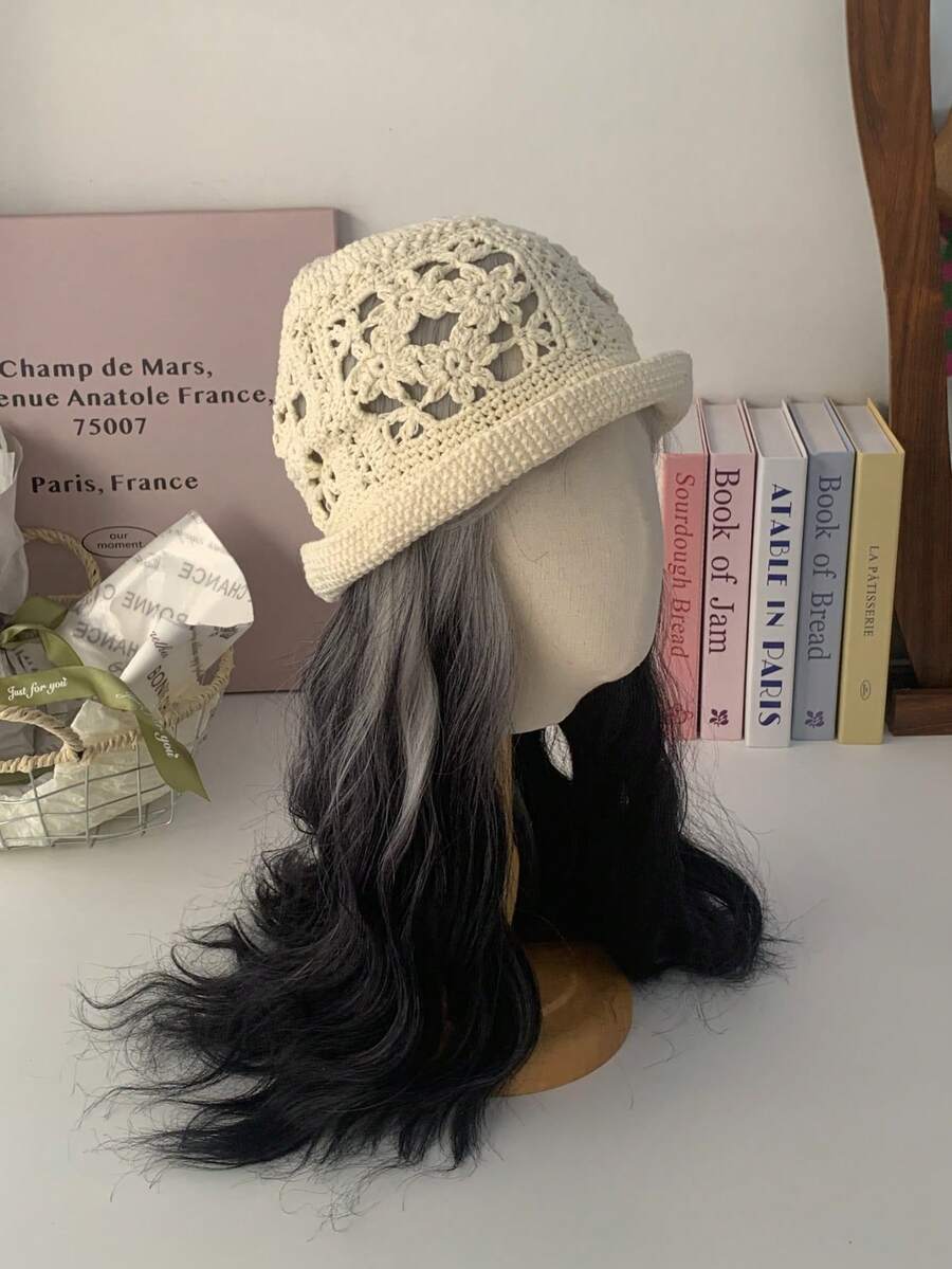 Vintage Solid Color Hollow Handmade Contrast Color Knitted Bucket Hat, Handcrafted Crochet Sun Protection Hat For Spring And Autumn - Openwork Flowers - View 1