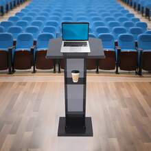 gladney Clear Acrylic Podium Stand With Slanted Reading Surface Raised Lip Dual Storage Panels Reinforced Base Portable Floor Lectern With Handle Slots And Hardware, 60*45cm Platform - Default - View 2