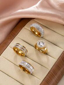 Set de 4 anillos de mujer de acero inoxidable con diamantes de imitación, adecuados para uso diario, festivales, citas, compromisos, bodas, salidas y fiestas - Dorado - Ver 7