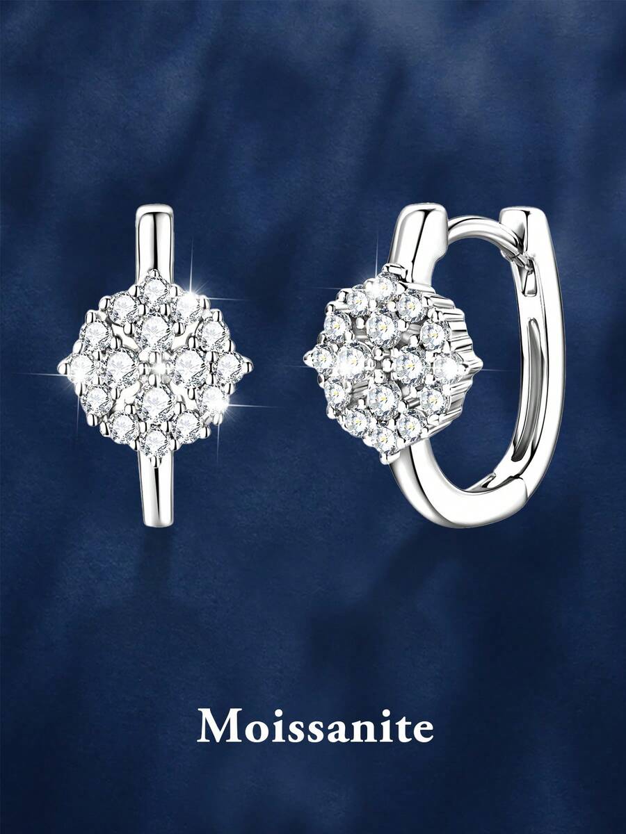 2只简约925纯银莫桑石耳钉，适合女性日常佩戴、派对、节日、圣诞节、生日等场合，男女皆宜的耳环款式 - 銀色 - 查看 1