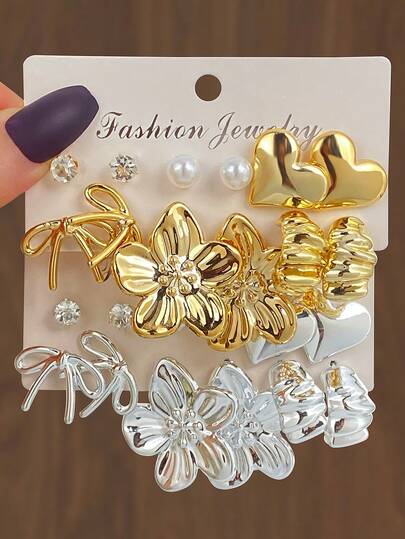 Set de 6 pares de pendientes delicados con elementos de corazón, lazo y flor, joyería decorativa diaria como regalo para mujeres