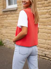 Women's Fashion Round Neck Sleeveless Vest, Polyester Material, Regular Length, Snap Button Detail, Medium Stretch, Suitable For Spring/Summer Casual Outings - Red - View 5