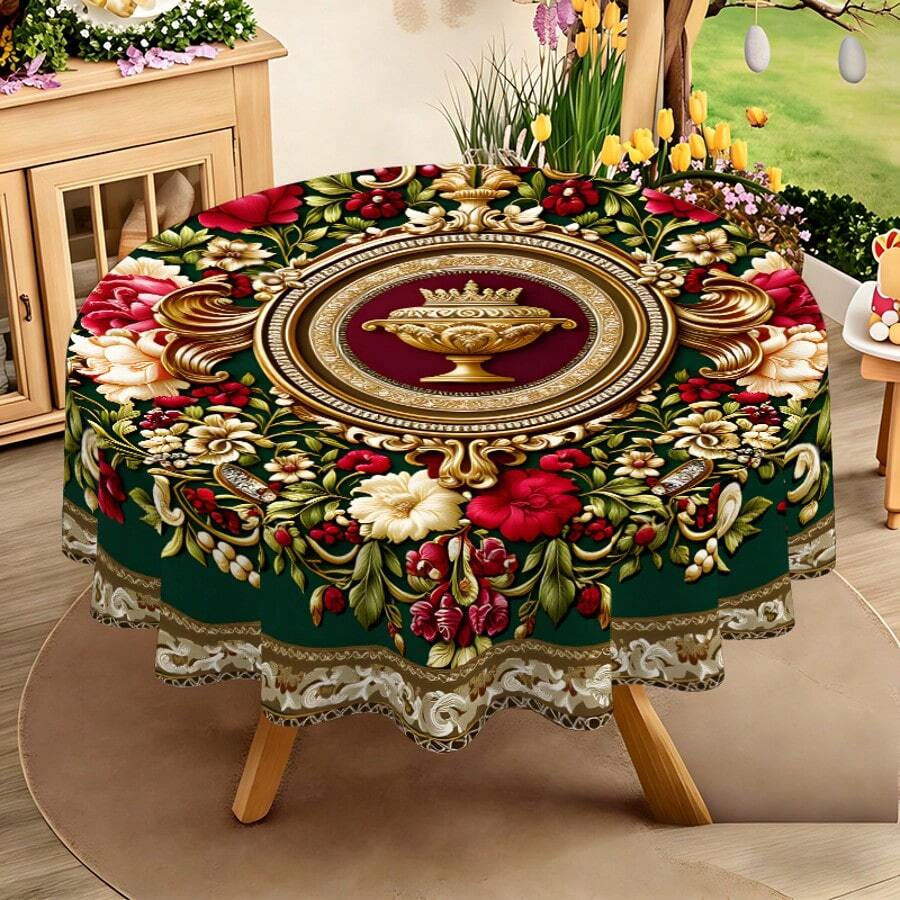 1件装奢华欧式宫廷风格圆形花卉桌布，复古金色印花，适用于日常客厅、餐厅、节日派对、户外婚礼 - 可机洗，100%涤纶防尘罩 - 彩色 - 查看 1