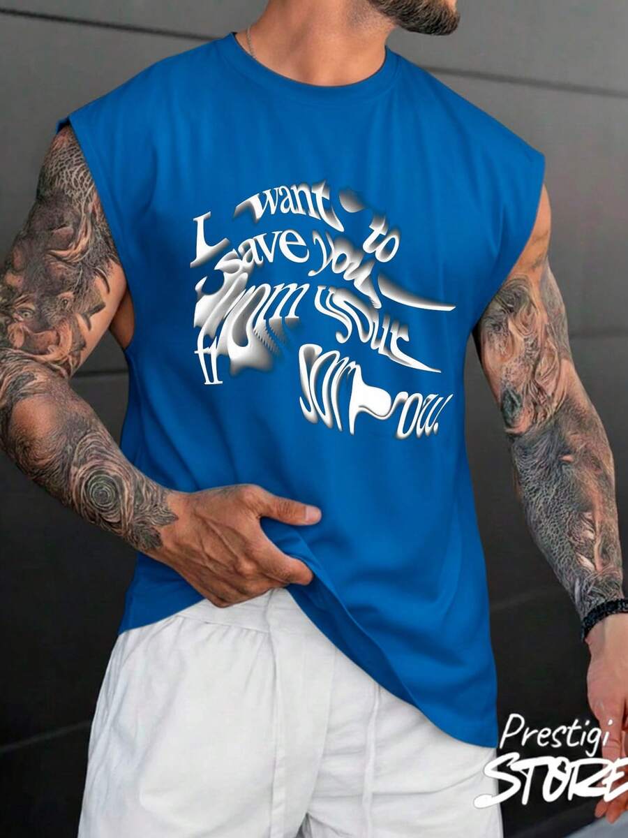 Men's Tank Top To Save You 100% Cotton Crew Neck Comfortable Streetwear Casual Summer Breathable Gym Fitness - 寶藍色 - 查看 1