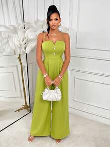AIJ Amarilo Women's Lime Green Elegant Spaghetti Strap V Neck Button Front Wide Leg Jumpsuit For Summer Vacation Casual - Yellow Green - View 4