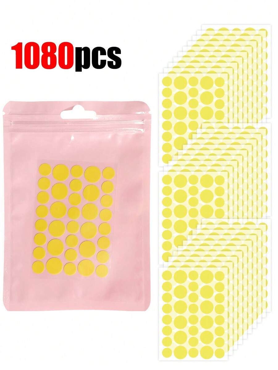 1080片黄色圆形脸部贴纸，不含酒精和香料，温和亲肤，易于粘贴，防水透气。是拍照和脸部彩绘的必备品，适用于各种派对、聚会和娱乐活动。另有720/180/72/36片装可选。赠品、旅行、平价好物、旅行必备品