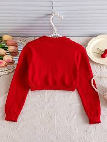 Girls' Elegant Solid Color Beaded Short Cardigan, Single-Breasted Thin Shawl - Red - View 2