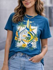 Women's Printed Brazil T-Shirt, Ideal For Brazil Games, Lightweight, Cool And Comfortable Fabric, 100% Cotton, World Cup 2026. - 水鴨藍 - 查看 1
