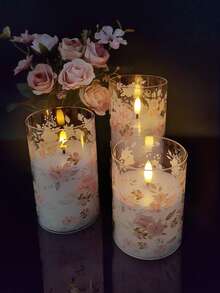 3pcs Set: LED Flameless Candle Lights With Remote Control/Timer, Type-C Charging Cable, Printed Wax Cup Candles, Suitable For Desktop Decor, Gifts For Christmas, Halloween, Valentine's Day, Mother's Day, Birthday, Proposal, Wedding, Dining Table, Party, Holiday Atmosphere Decoration - Rose Style - View 7