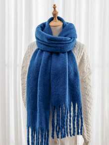 1条蓝色围巾，冬季保暖颈部必备，加厚针织流苏披肩，可穿戴 - 彩色 - 查看 2