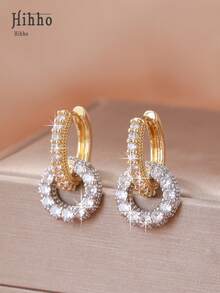 Hihho 1 Pair Luxury Sparkling Cubic Zirconia Inlaid Geometric Round And Square Elegant Earrings, Dual-Tone Interlocking Double Hoop Earrings, Charming Interlocking Earrings Suitable As Jewelry Gift For Women - Multicolor - View 2