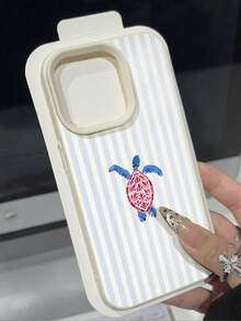 1个夏季简约蓝色条纹海龟图案荔枝纹理防水防震防滑软手机壳，适合作为生日/节日礼物送给朋友、家人、情侣，兼容苹果/ - 彩色 - 查看 2