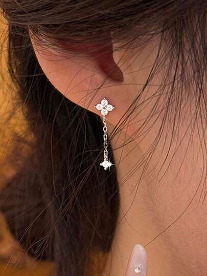 1 Pair S925 Sterling Silver Delicate Four-Leaf Flower Tassel Earrings, Feminine Chic Everyday Wear Earrings, Gift For Women