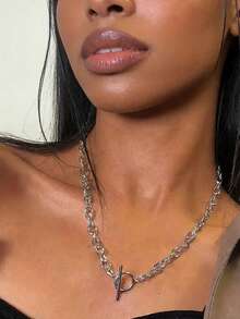 1 pieza Collar de acero inoxidable con cierre de eslabón único de moda, minimalista y versátil para uso diario casual, uso en fiestas, regalo para vacaciones de las mujeres - Plateado - Ver 4