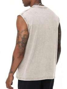 Retro Cowboy Skeleton Men's Graphic Vest, Retro Acid Wash Style, 100% Cotton Sleeveless Tank Top, Crew Neck Loose Fit, Breathable Fabric For Gym Or Running, Men's Outdoor Clothing, Summer Fashion OOTD, Boyfriend Birthday Gift - 杏色 - 查看 2