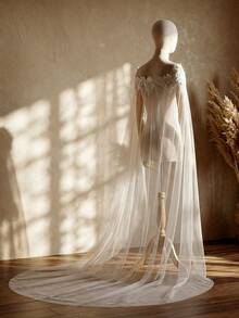 1 pièce Cape de mariée longue élégante avec bordure en dentelle, épaules dénudées, 3 mètres de long, accessoire de robe de mariée de luxe pour cathédrale, cape pour soirée, événement formel ou représentation - châle - Voir 8