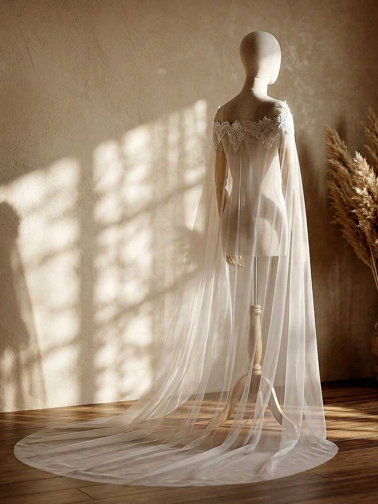 1pc Elegant Lace Trim Off-Shoulder Long Bridal Cape, 3 Meters Long Luxury Cathedral Wedding Dress Accessory, Party/Formal Event/Performance Cloak - Shawl - View 7