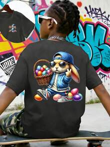 男童休闲印花圆领短袖T恤，夏季上衣 - 深灰色 - 查看 3