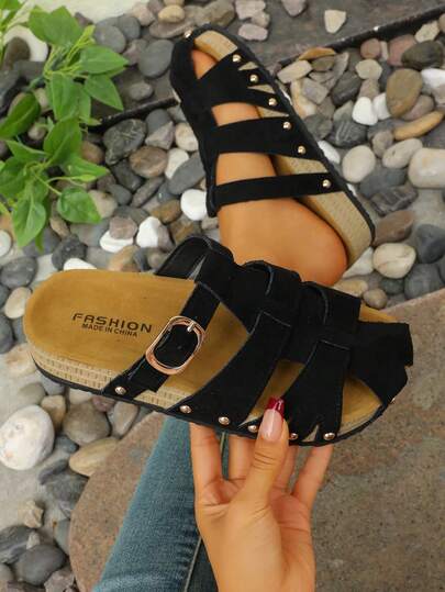 Women's Velvet Closed Toe Platform Sandals With Gold Rivets, Casual Gladiator Style Thick Sole Summer Shoes, Black Velvet Rivet Thick Sole Closed Toe Roman Thick Sole Sandals, Women Summer Casual Platform Sandals