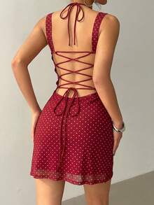女士性感红色波点褶皱露背交叉绑带紧身迷你连衣裙，适合派对、夜店、优雅时尚、晚宴约会、休闲、波西米亚风等场合。 - 紅色 - 查看 2