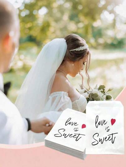 100 túi quà "Tình yêu ngọt ngào", kích thước 13x18cm, màu trắng/giấy kraft, thích hợp trang trí đám cưới, đựng kẹo cưới, quà tặng tiệc tùng.